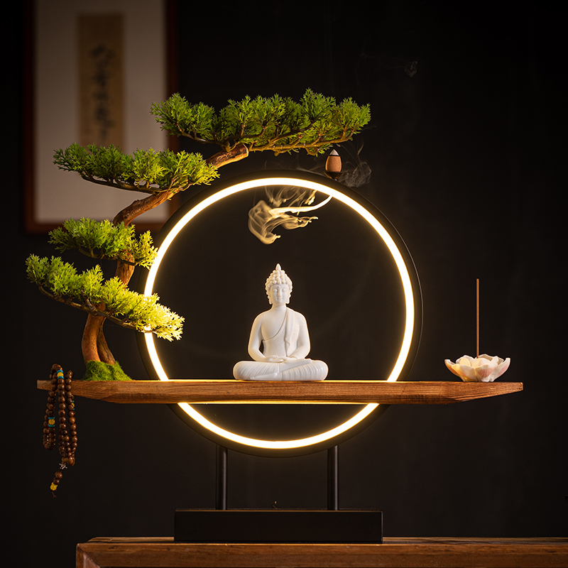 新中式禅意陶瓷大日如来佛摆件家居客厅玄关桌面软装饰品创意灯圈