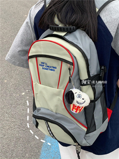 美式复古拼色设计大学生书包女大容量双肩包工装潮流旅行户外背包