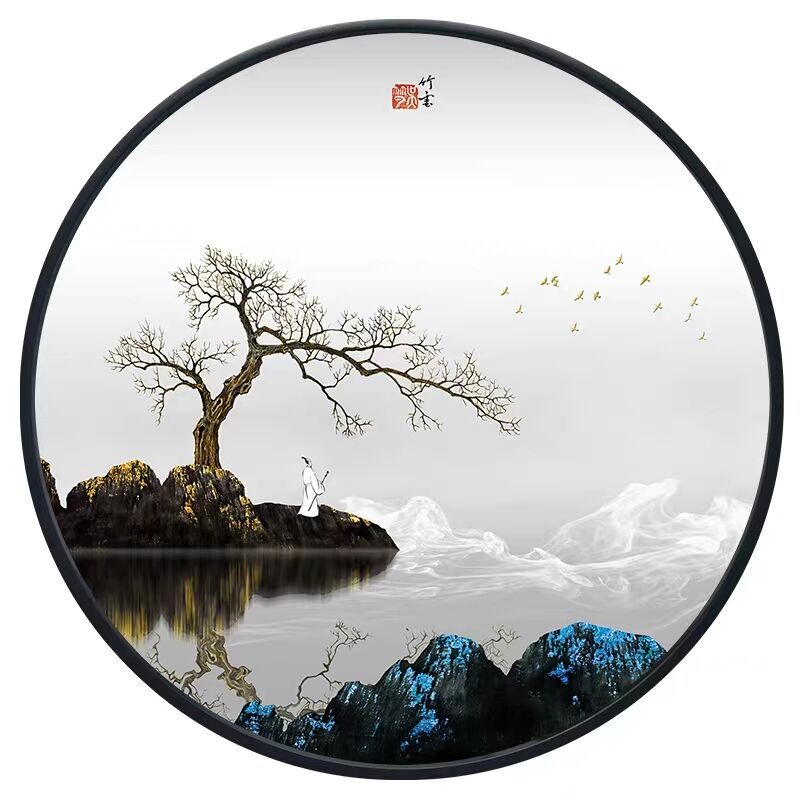 水墨画松迎客圆形画鸿运挂松招财中式延年瀑布新装饰鹤当头