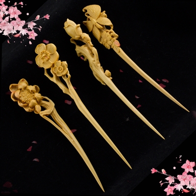 黄杨木雕刻手工艺品复古头饰中国风装饰盘古代原木发簪子发钗饰.