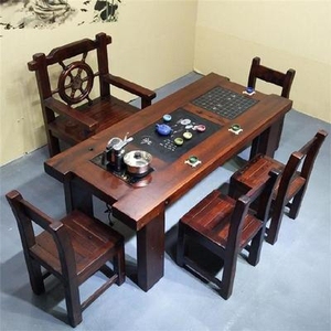 可移动简约高档茶桌家用实木现代船木茶海茶台时尚石磨老榆木客厅
