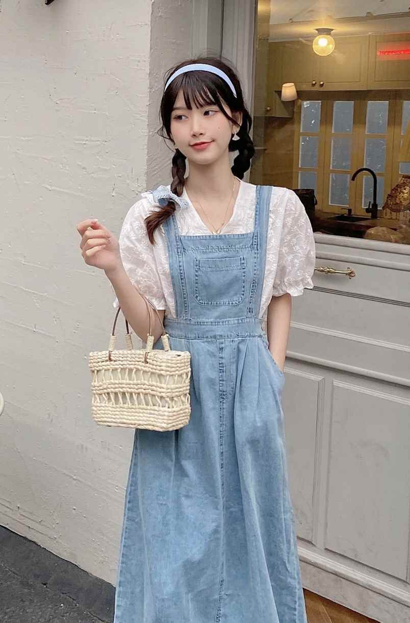 mobai乖甜复古牛仔背带裙女2021夏季薄款高b腰宽s松中长款a字连衣