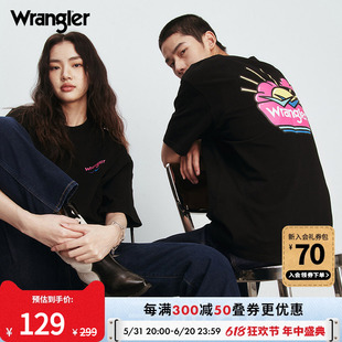 Wrangler威格24夏季新款无性别男女情侣款黑色圆领印花短袖T恤