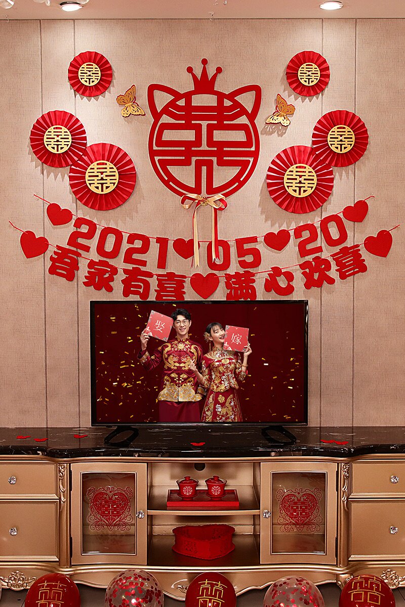 布花婚庆拉背婚房房品卧室厅装饰置间用婚喜床新头墙房字景女客