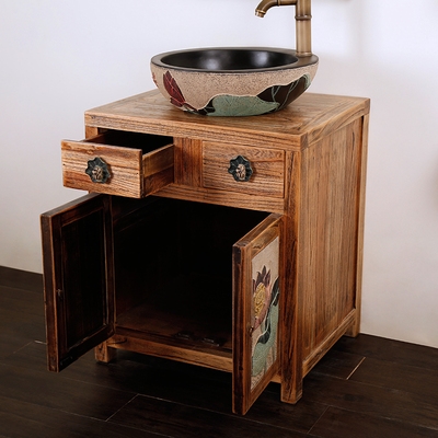 复古木台上柜式仿古浴室卫中式实洗手雕花浴柜组合新落地脸盆明清
