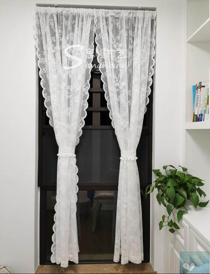 夏季纱门帘蕾丝隔断帘飘窗帘欧式波浪边窗帘纱穿杆半帘韩式田园