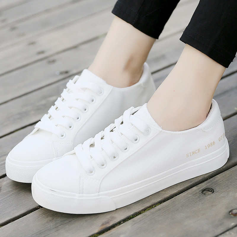 人本简约帆布鞋女休闲小白鞋女春季2018新款韩版百搭学生白色板鞋