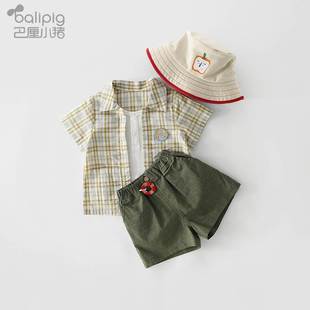 男童格子衬衫夏季薄款纯棉婴儿假两件衣服儿童短袖衬衣潮宝宝上衣