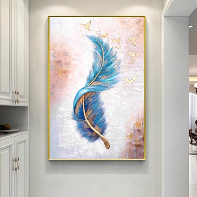 美法式复古挂画入户正对大门墙玄关画轻奢高级感竖版羽毛装饰油画