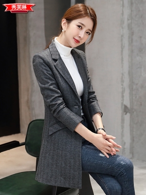 条纹西装女中长款英伦风图片