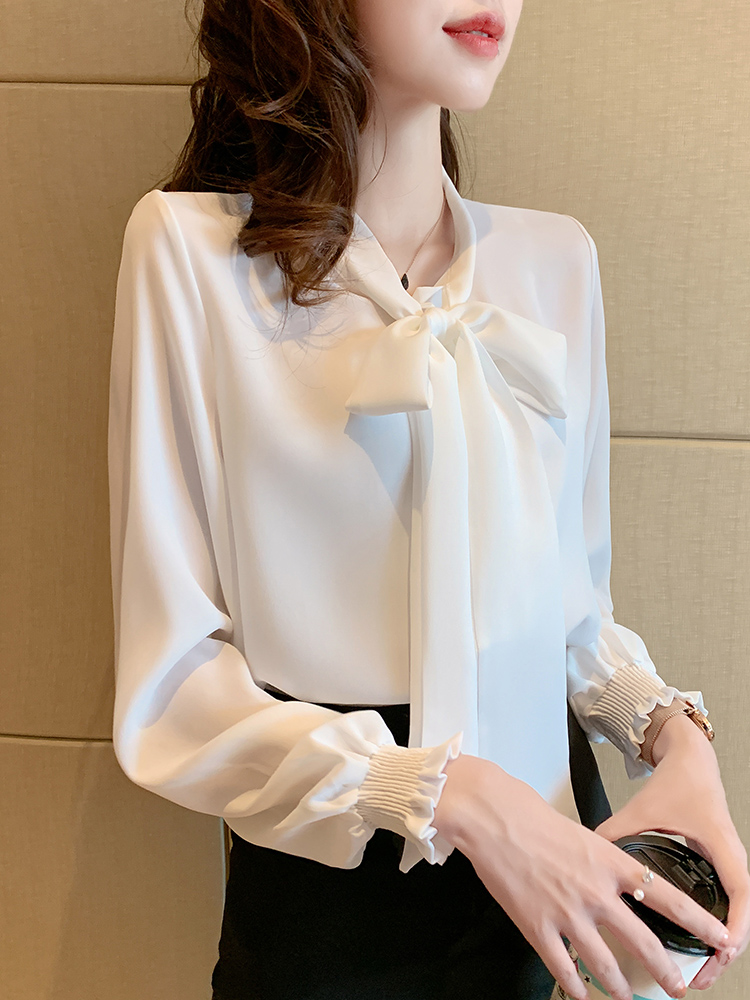 春装2022年新款女装早春款雪纺上衣蝴蝶结白色衬衫女时尚洋气衬衣
