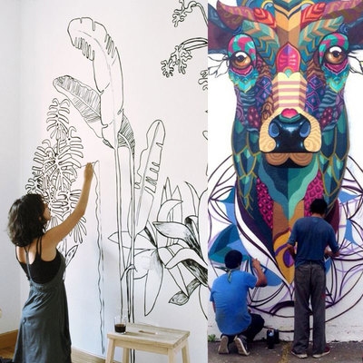 深圳墙绘公司室内外墙体风景画手绘壁画古建筑图案彩绘墙画上门