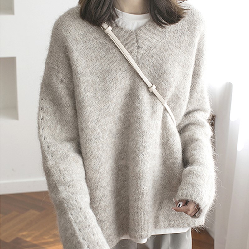 马海毛针织衫女2020秋冬新款宽松套头慵懒风上衣外穿v领毛衣外套