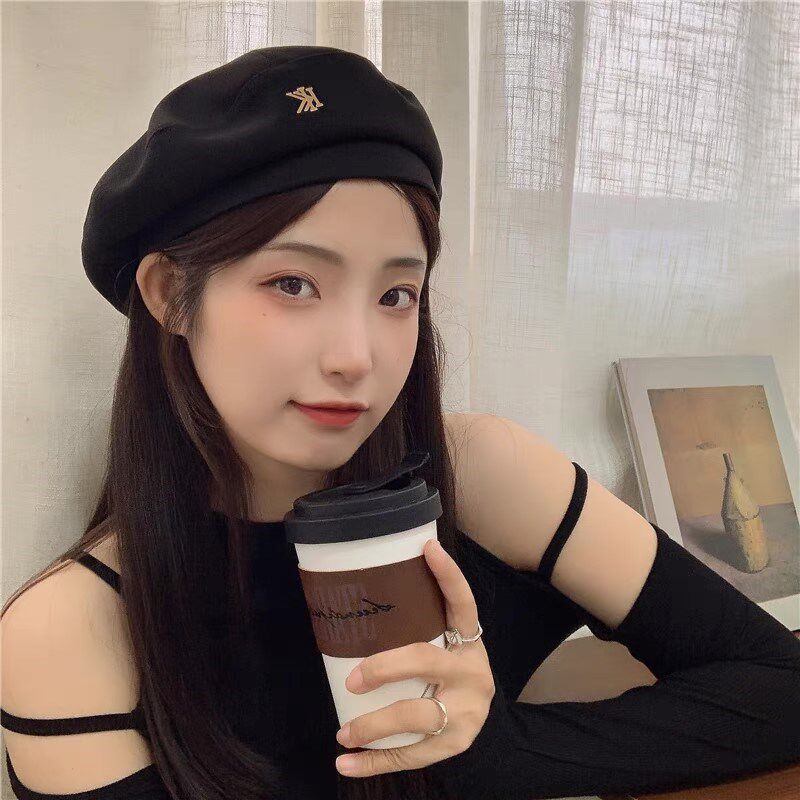 伊然严选服饰穿搭韩系金属黑色毛呢贝雷帽女秋冬气质网红复古花家