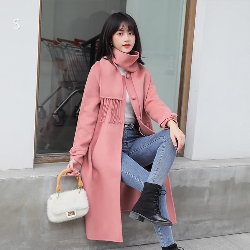 sandromoscoloni高端气质粉色双面羊绒大衣秋新款可拆围巾领外