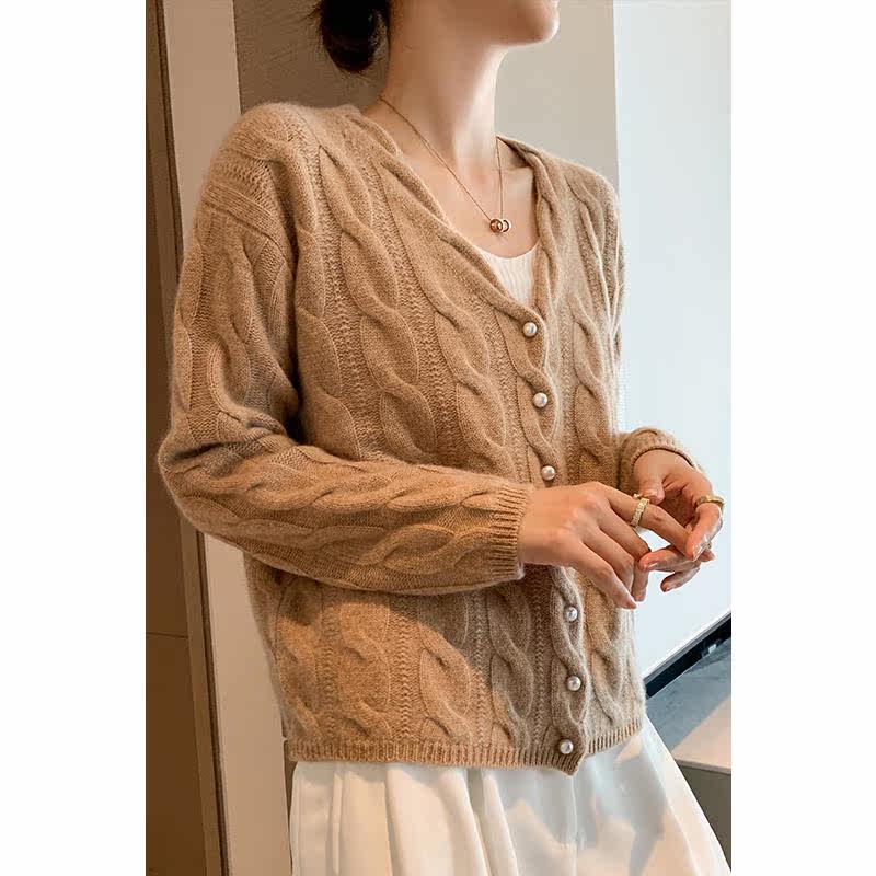 复古麻花v领羊绒开衫女100纯羊绒加厚毛衣宽松慵懒风针织外套女