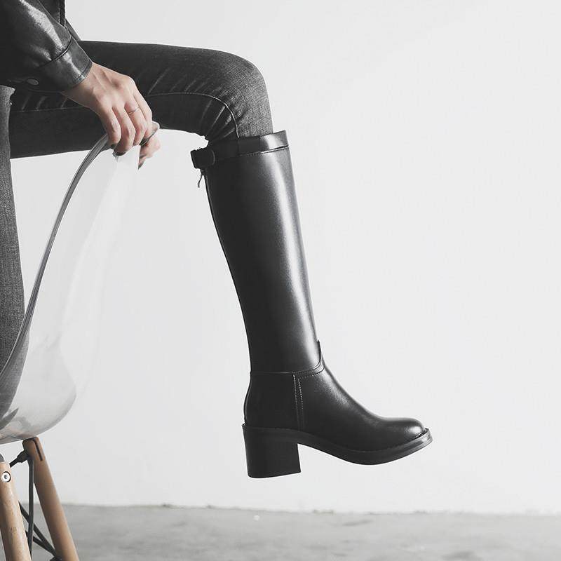 长筒靴女不过膝2021年秋冬新款真皮高跟长靴高筒靴粗跟骑士—亲子鞋