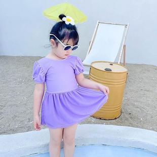 新款女童连体泳衣裙式紫色甜美可爱女宝宝游泳衣舒适高弹儿童泳衣