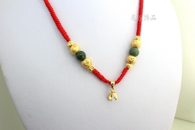 黄金项链转运珠吊坠项链24k男吊坠红绳绳绳子挂珠玉编织镀挂女士
