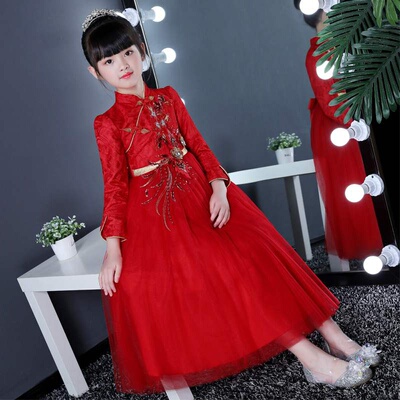 潮流巴拉女童连衣裙2019秋冬新款中国风长袖儿童礼服公主裙花童婚
