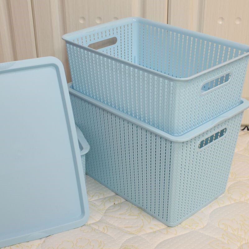 收纳篮子塑料仿藤编桌面收纳筐带盖子收纳盒宿舍收纳箱