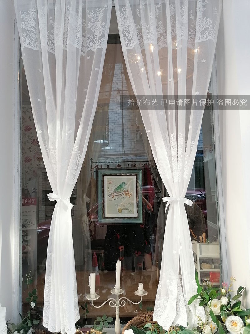 帘丝乡村窗帘纱唯美边隔断卧室波l浪白蕾丝韩打.孔免田园美