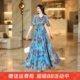 2025年夏秋新款女士大摆V领沙滩裙印花连衣裙收腰显瘦长裙雪纺裙