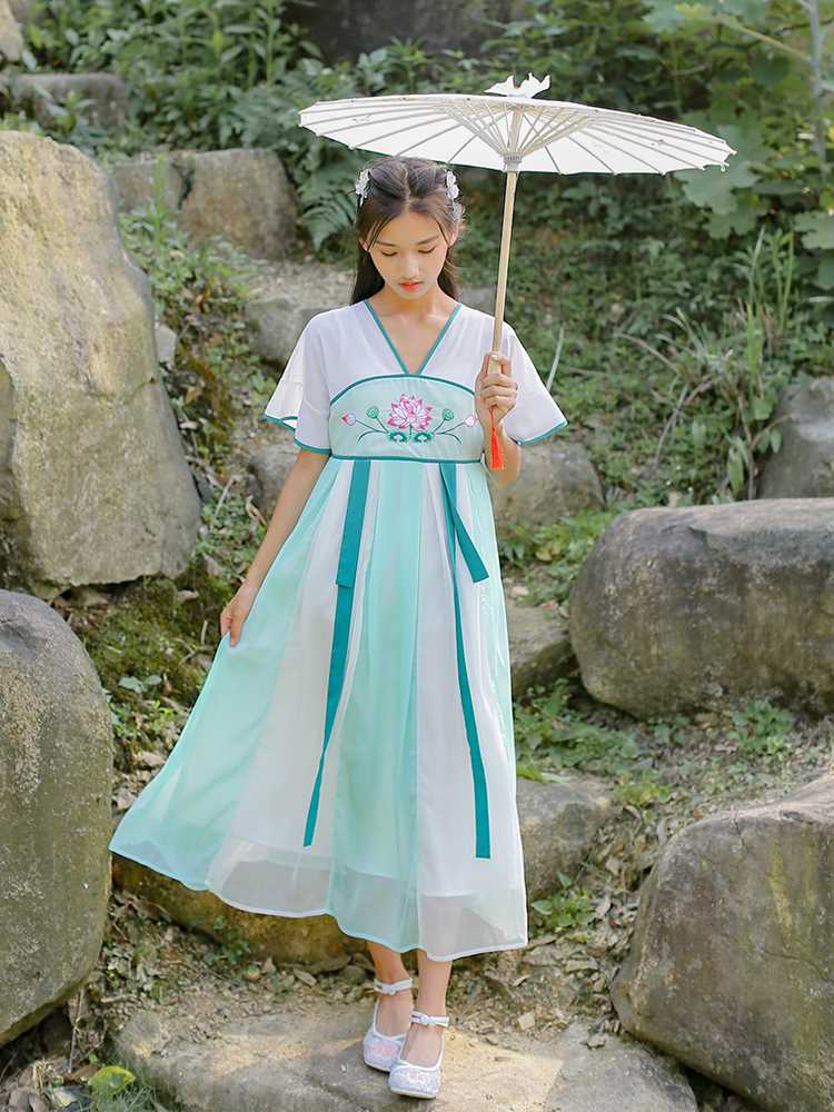 中国风女孩改良汉服夏季新款初中高中学生古装少女中长款超仙襦裙