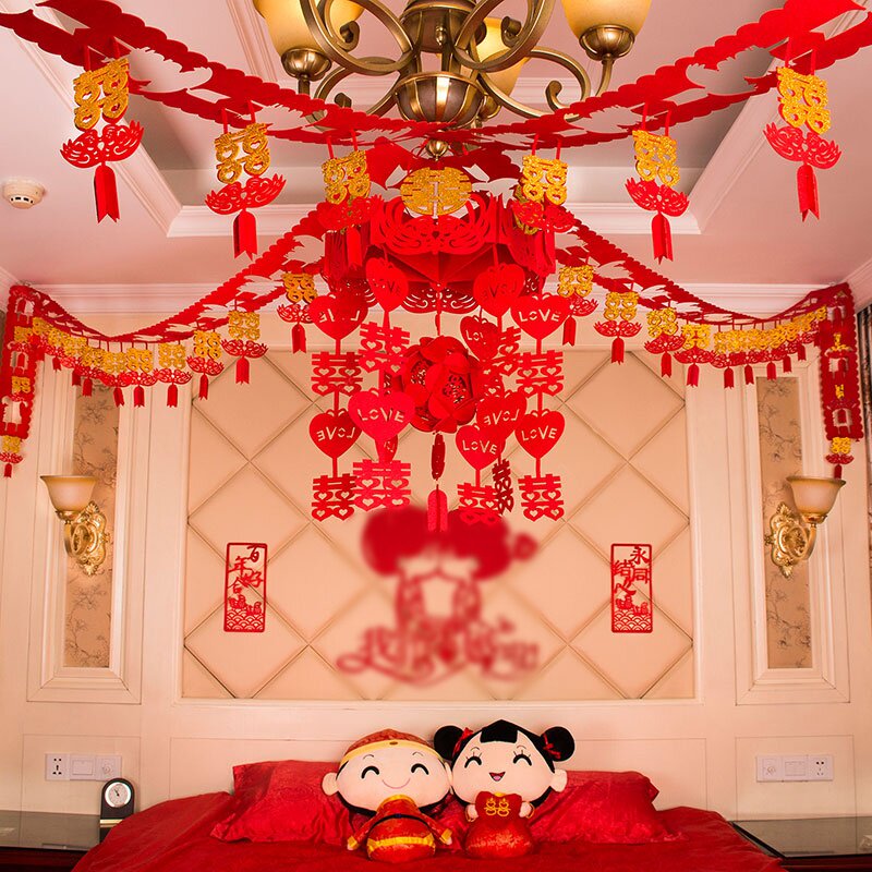 婚房客厅布置装饰喜字拉花婚庆套装结婚装饰宫灯喜庆用品套餐包邮