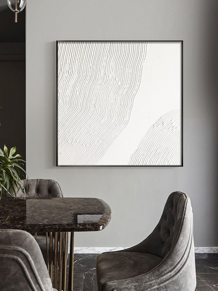 盐马手绘油画极简侘寂挂画纯色抽象玄关客厅装饰画纯白线条肌理画