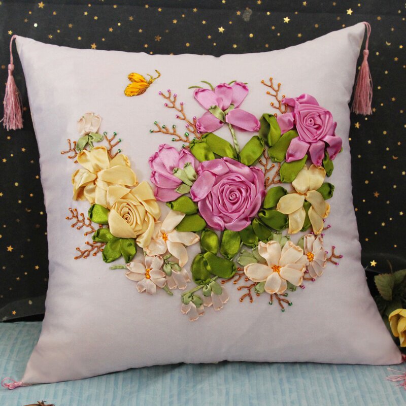 丝带绣新款立体绣欧式手工刺绣diy材料包十字绣抱枕套自己绣靠垫