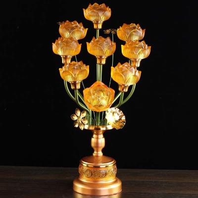 led七品九品七彩水晶仿琉璃莲花灯佛供灯佛堂佛前寺院家用长明.