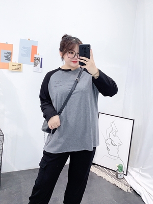 女装宽松长袖衫胖mm200斤大码t恤妹妹打底搭秋季新款胖百女上衣女