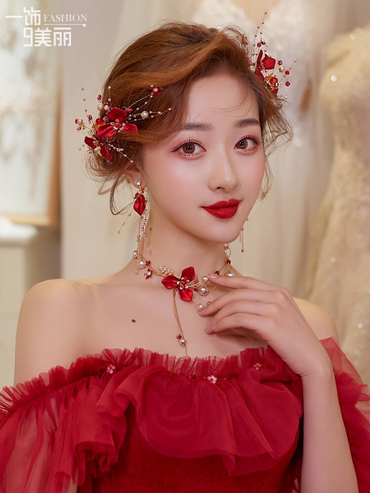 2021新款新娘头饰森系超仙美红色头花边夹敬酒服结婚礼服发饰品女