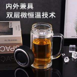 新款高硼硅耐热商务办公水杯带把手印字双层加厚玻璃杯礼品杯定制