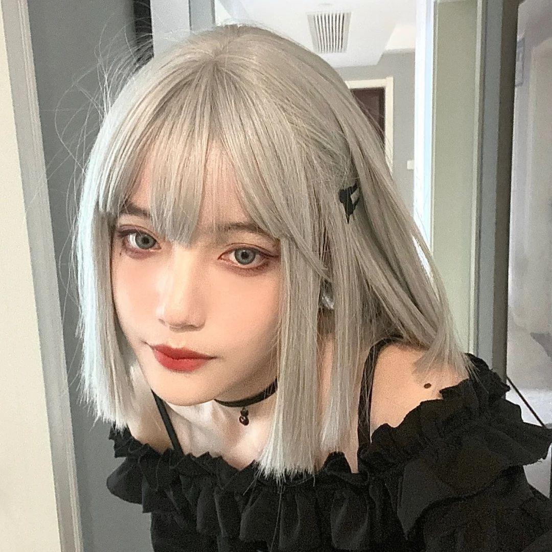 (今日11折)网红假发短发女夏自然全头套灰齐刘海圆
