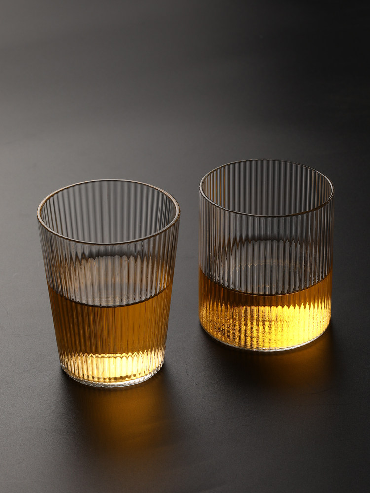 日式玻璃杯创意绿茶杯家用耐热单层喝水杯直筒杯竖纹咖啡杯筋纹