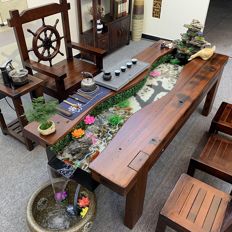 老船木流水茶桌椅组合实木功夫茶几养g鱼缸茶台茶具套装一体新中