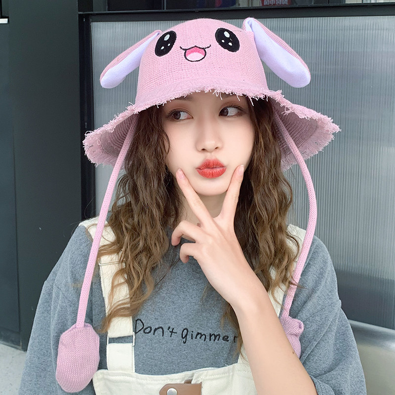 耳朵会动的帽子女夏季韩版亲子儿童可爱兔耳朵卡通网红遮阳渔夫帽