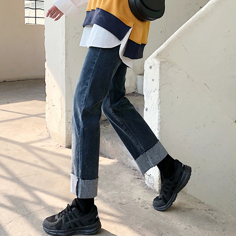 复古卷边牛仔裤女大码小个子高腰显瘦裤子胖妹妹mm直筒裤微胖百搭
