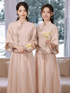 伴娘服中式2023冬季新款姐妹团装结婚礼服国风汉服旗袍显瘦伴娘裙