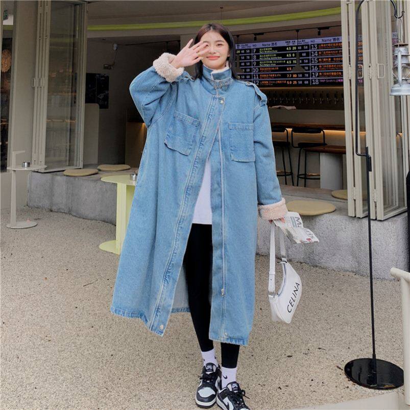 蓝色复古牛仔派克服女长款2022冬季新款羊羔毛厚休闲宽松棉衣棉服