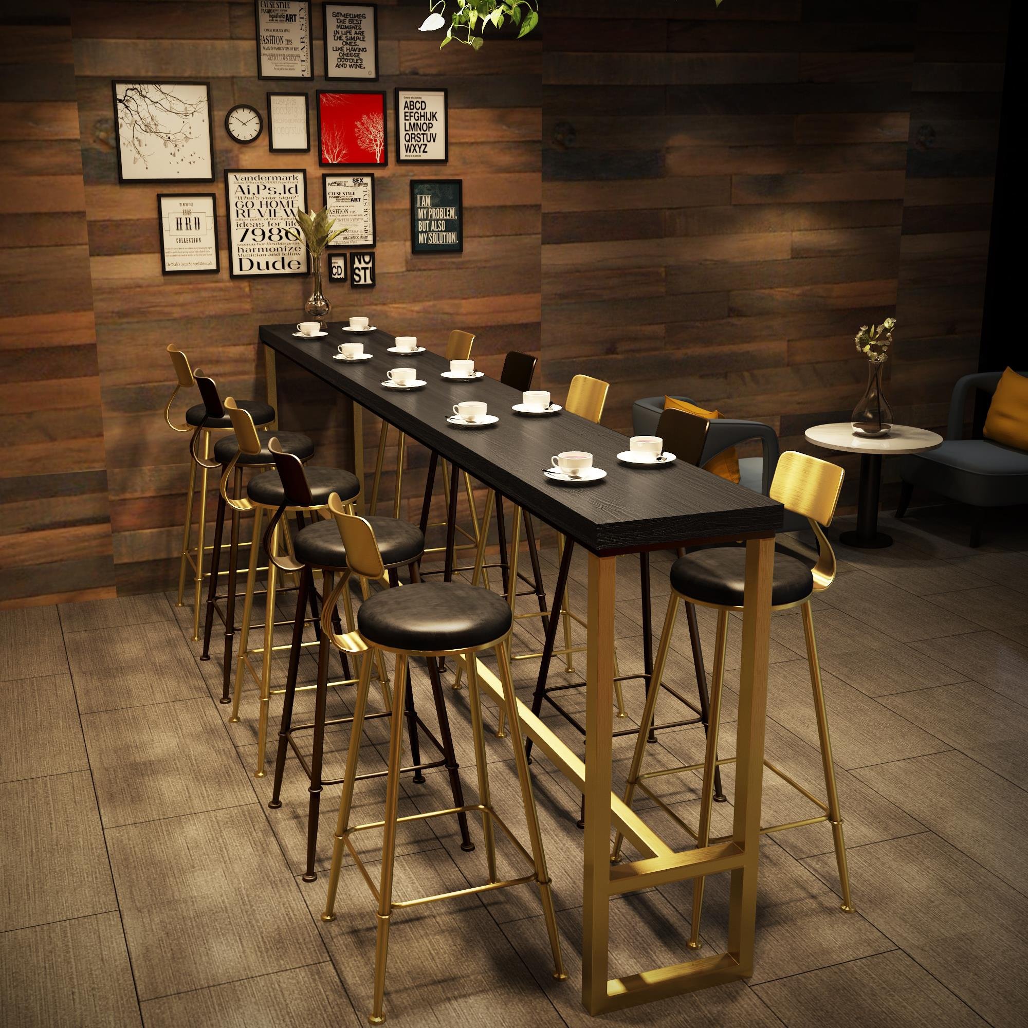 北欧轻奢家用实木铁艺高脚长条桌奶茶店咖q啡厅靠墙酒吧台黑金桌
