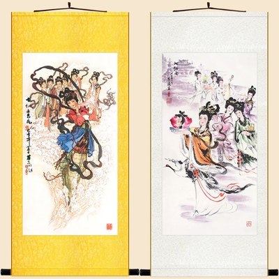 七仙女思凡图画像挂画女神仙神像画丝绸画卷轴画书房客厅装饰画