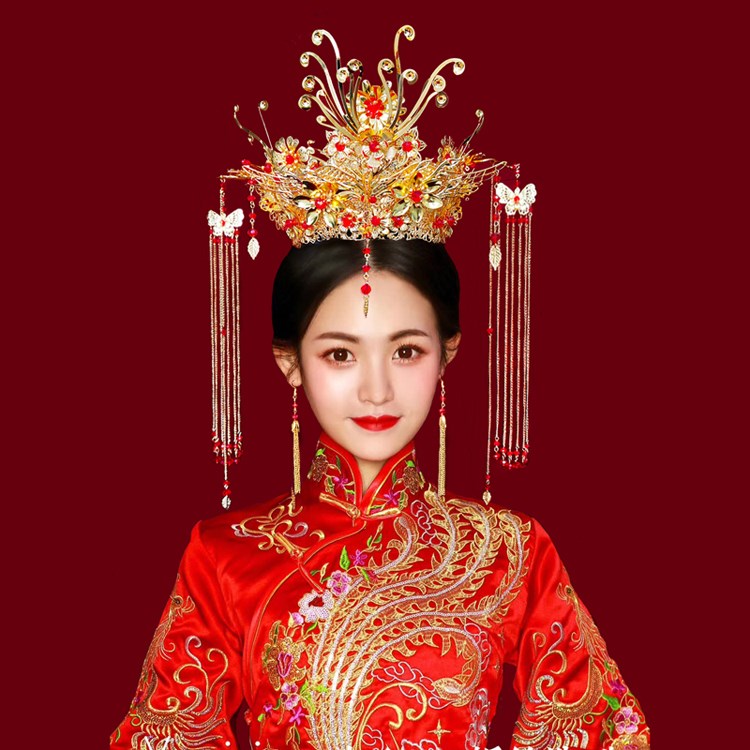 秀禾服头饰新娘中式凤冠流苏优惠券爱比价妈妈