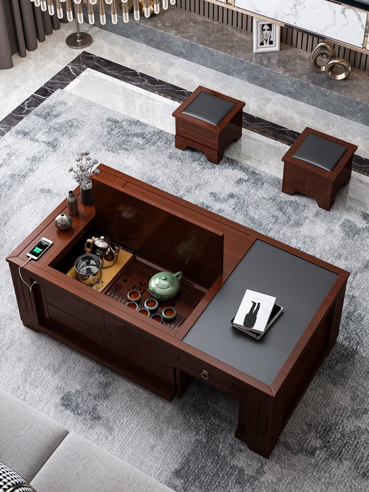 新中式电动升降功夫茶几办公室火烧石自动上水泡茶桌家用客厅茶台