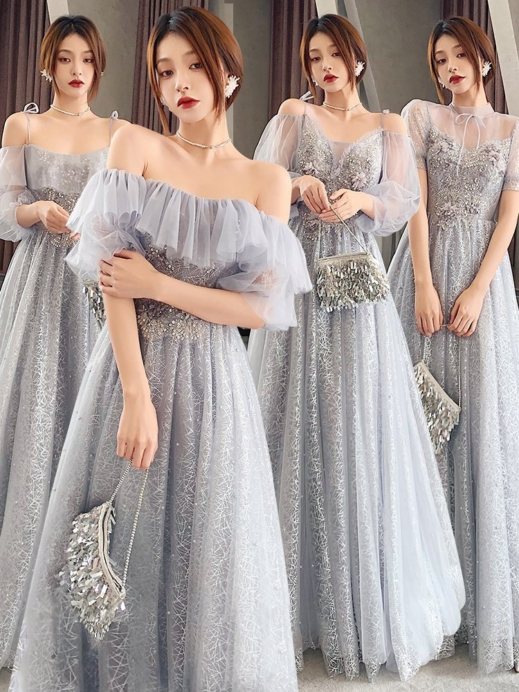 灰色伴娘礼服2021年新款夏季仙气质显瘦遮肉闺蜜团晚礼服裙女长款