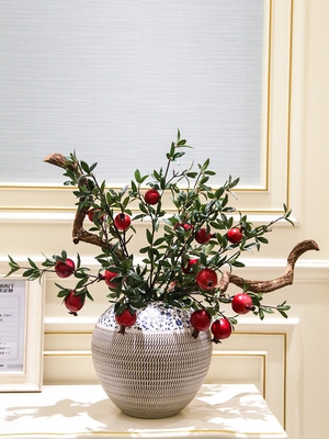 正品客厅边几花器台面花瓶摆件新中式玄关陶瓷花插石榴果仿真花艺