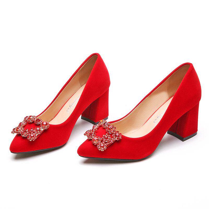 结婚鞋子高跟新娘鞋婚鞋女2020新款红色粗跟敬酒鞋平底孕妇秀禾鞋