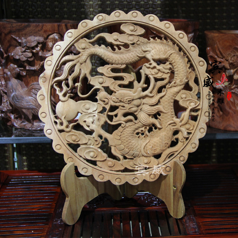 木雕挂件壁挂装饰单龙坐龙盘龙东阳木雕圆形香樟木摆件包邮